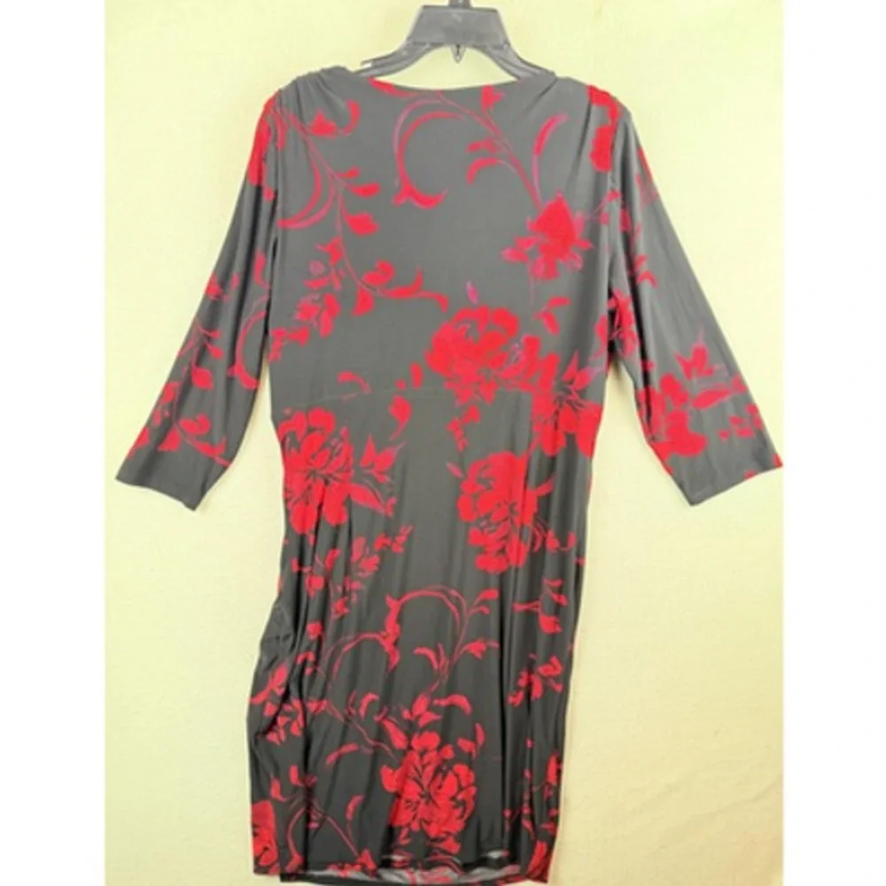 Lauren Ralph Lauren Dress Womens 14W Black Red Floral Ruched Sheath Knee V Neck